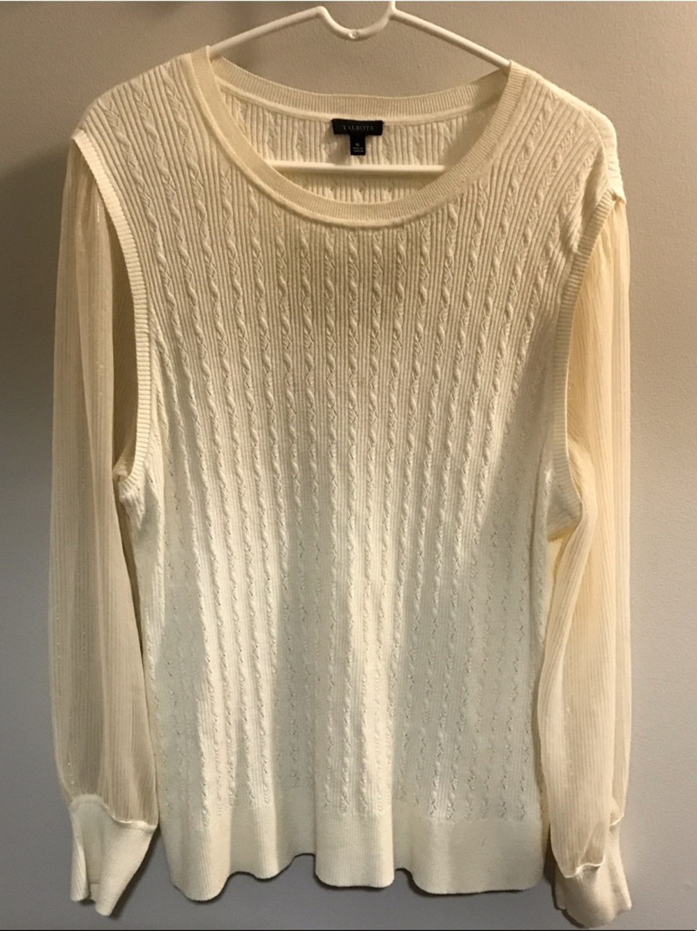 Talbots Cream Cable-Knit Sweater with Sheer Long Sleeves
